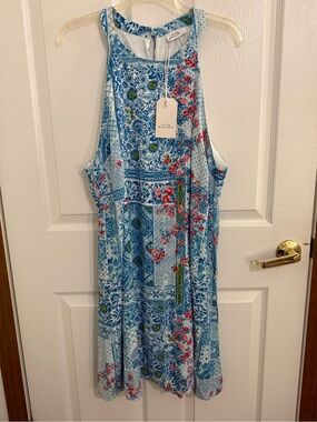 Sleeveless Blue & Pink Patchwork Floral Mini Dress